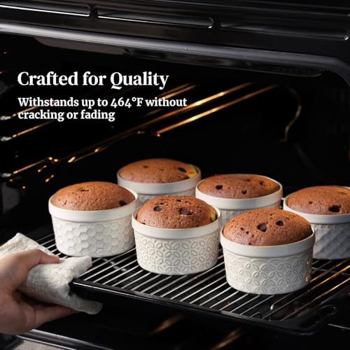DOWAN Ramekins Oven Safe with Lids 6 oz, Charcuterie Boards Bowls Set for Creme Brulee, Souffle, Dipping Sauces, Custard Cups Ceramic Food Storage Containers, Set of 6, Beige - size: 6 oz