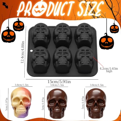 2Pcs Skull Silicone Mold, 6-Cavity 3D Large Skull Cake Pan Molds Halloween Silicone Molds for Baking Chocolate, Candy, Cake Decoration, Resin Casting