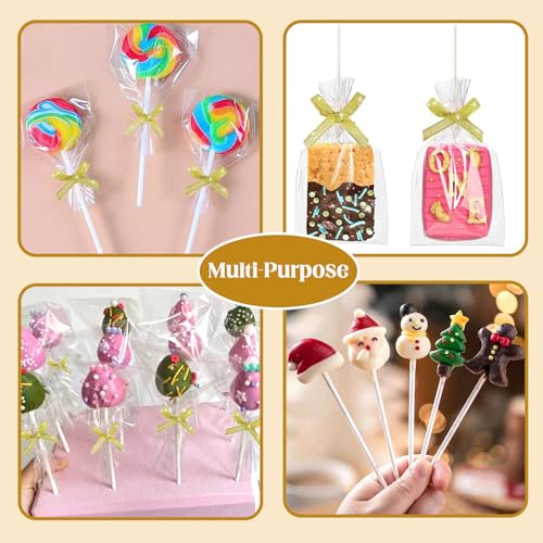 100 Sets Clear Rice Crispy Treat Bags 4x6in with Sticks and Ties Gold Bow