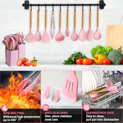 19 PCS Pink Silicone Cooking Utensils Set with Wooden Handle & Knife Set Block, Heat-Resistant Spatula, Spoon, Ladle, Whisk with Holder – BPA Free, Silicone Kitchen Utensil Set for Cooking & Baking - color: Pink