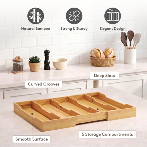 Lifewit Bamboo Kitchen Drawer Organizer, Cooking Utensil Silverware Tray - color: Natural, size: 5 Slot(12.6~22.8''W x 14'' D)