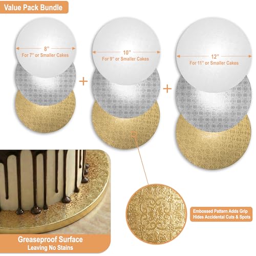0.5" Cake Drums 8, 10 & 12 Inch (9 Pack) in White, Silver & Gold Color Set - color: White + Silver + Gold