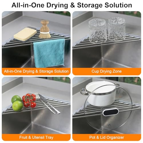 Corner Sink Caddy Triangle Dish Drying Rack for Sink Corner, Sponge Holder Roll Up Dish Drying Rack Over The Sink, Stainless Steel Kitchen Sink Organizer Drainer Mat Sponge Caddy for Counter Storage - color: Gray