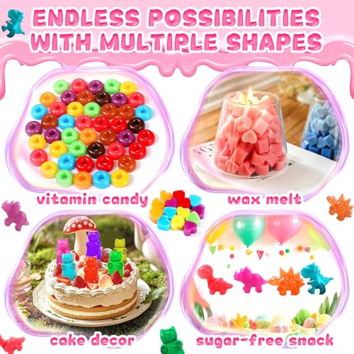 Candy Molds Silicone, with 2 Droppers, Non-Stick Silicone Candy Molds Including Mini Dinosaur, Bear Shape, Hearts and Mini Donut, Set of 4