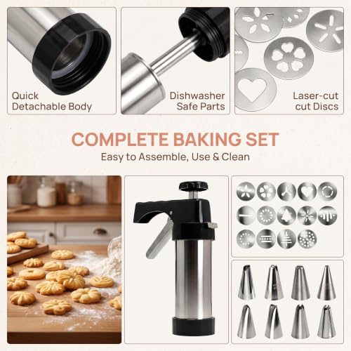 22-Piece Stainless Steel Cookie Press Set, 13 Discs & 8 Piping Tips - color: Black