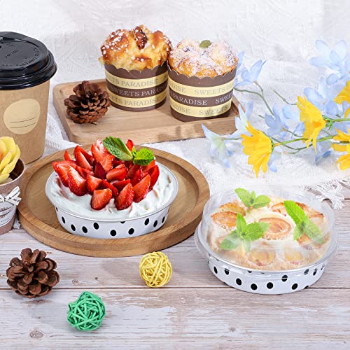 Beasea Mini Tart Pans with Lids 50 Pack, 4” 8oz Disposable Aluminum Baking Foil Tins Round Small White Black Dot Container for Individual Cupcake Dessert Muffin Ramekin Cheesecake Quiche Oven Dishes - color: Black Dot in White