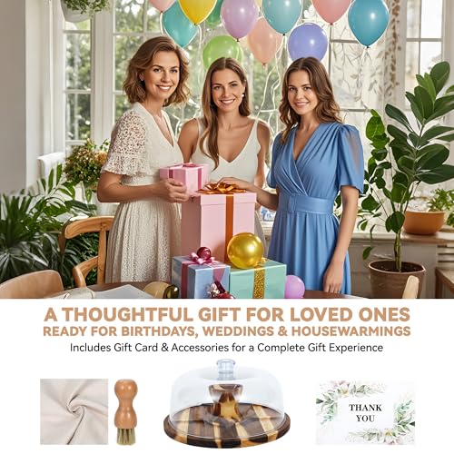 Acacia Wood Cake Stand with Lid – 12" Round Cake Holder & Dessert Stand, 2-in-1 Charcuterie Board & Serving Platter for Cheese, Fruit – Acrylic Dome, Wedding Party Centerpiece