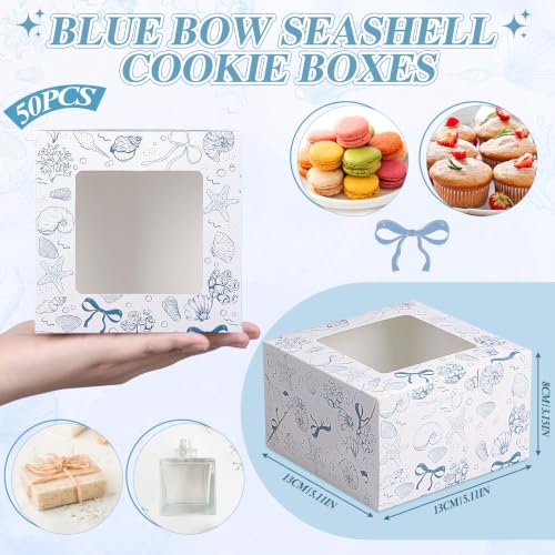 Chivertino 50 Pack Blue Seashell Square Cookie Boxes with Window - color: Blue, size: Seashell