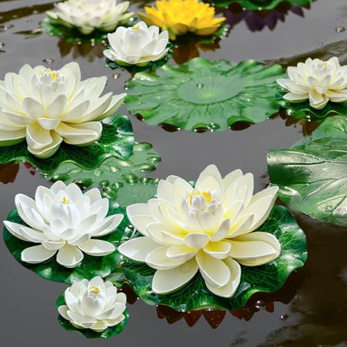 9PCS Artificial Floating Foam Lotus Flowers with Artificial Lotus Leaves: Lily Pads for Lake - Pond Plants Ornaments for Pool Aquarium Water Decoration, White