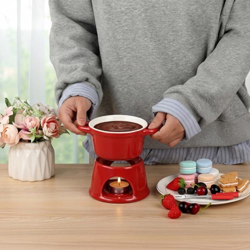 BSTKEY 300ML Ceramic Butter Warmer Set with 2 Forks, Fondue Pot Melting Pot Set, Melt Hot Pot Bowl Set for Cheese Chocolate Butter Caramel (Red) - color: Red