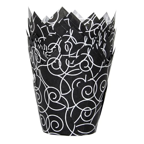 QLSmypkg Muffin Greaseproof paper Baking cupcake cups, 2"(Bottom diameter) x 3-1/2"(Height) Black Fancy Floral Print Tulip Baking Cup Case of 125 pcs (125, Standard) - color: Black Fancy Floral Print