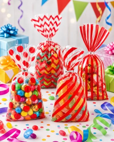 Capesaro 50 Pieces 10.6 x 5.1 In Red Cellophane Treat Bags Candy Gift Bag with Twist Ties Stripes Polka Dot Printed Pattern Goodie Bag for Birthday Weddings Party - color: Red-10.8'' x 5''