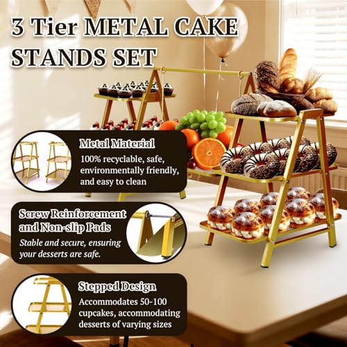 Metal 3 Tier Cupcake Stand, Swing Design,Cake Stand with Trays,Gold - color: 1-Gold