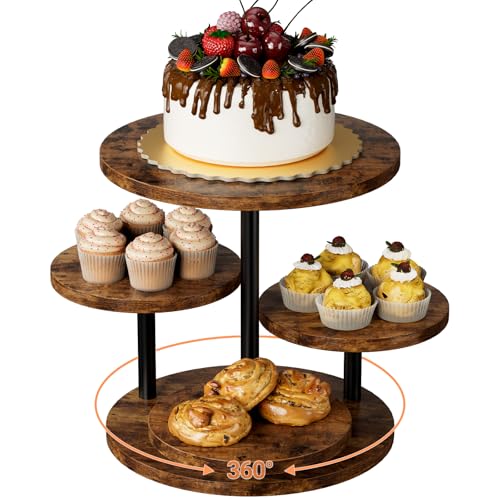 Cupcake Stand 4 Tier for 50 Cupcakes Wooden Cake Stand 360°Rotatable Dessert Stands Round Cookie Tiered Tray Stand for Party Birthday Wedding Baby shower Afternoon Tea Dessert Table, Brown - color: Brown