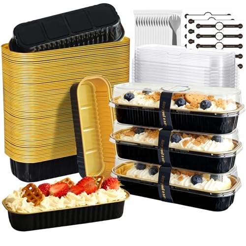 Mini Cake Pans with Lids and Spoons 200 Pack, Mini Loaf Pans with lids 6.8oz, Small Disposable Aluminum Foil Loaf Pans, Rectangular Baking Container for Party, Picnics and Birthday (Black) - color: Black