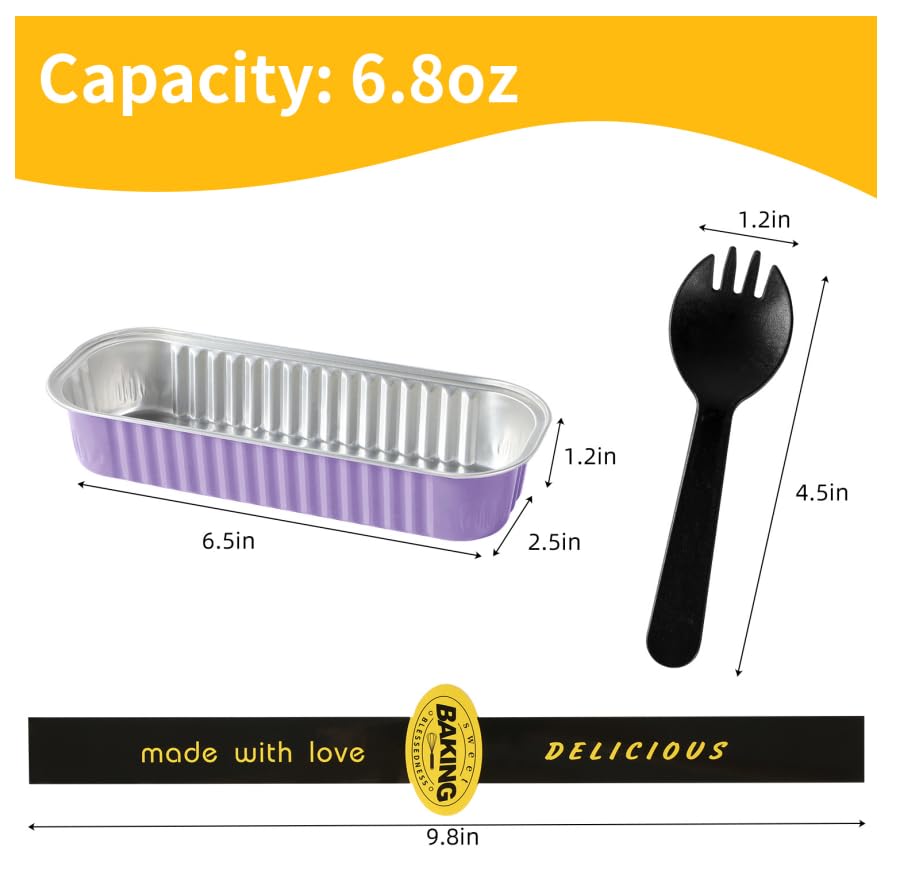 Lavender Purple Mini Loaf Pans with Lids & Spoons, 30 Count 6.8oz Disposable Aluminum Foil Cake Pans, Mini Cake Containers & Baking Tins for Desserts, Party Favors, Baking & Gift Packaging - color: Lavender Purple
