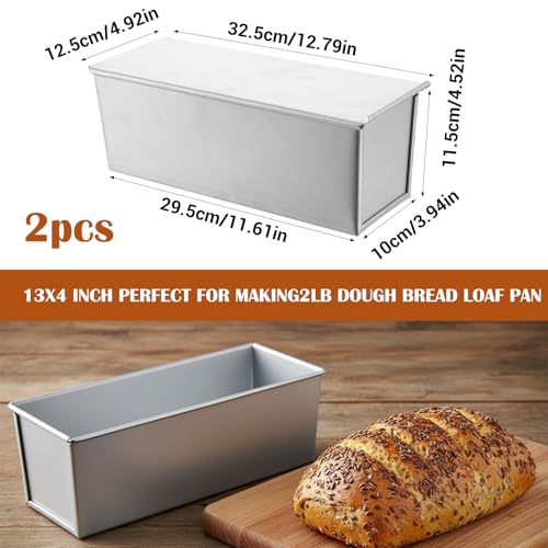 2 Pcs Pullman Loaf Pan with Lid, 13x4 Inch 2lb Dough Capacity Non-Stick Bread Baking Pan for Sandwich Bread, Toast, Sourdough and Homemade Baking, Silver