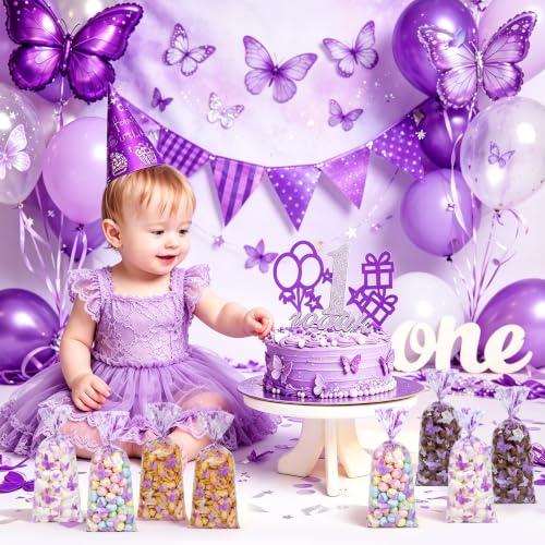 ZYLOP 50 Pcs Purple Butterfly Cellophane Goodie Bags, Plastic Candy Treat Bags with 60 Pcs Silver Twist Ties for Butterfly Theme Baby Shower Birthday Party, Spring Easter Dessert Cookie Gift Bags - color: Purple 50pcs