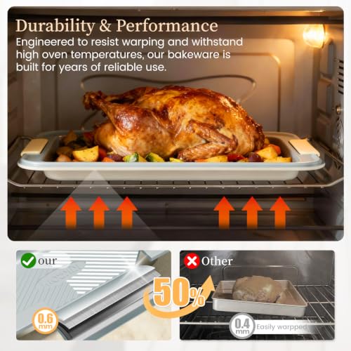 Kikcoin 25-Piece Nonstick Baking Pans Set with Large Turkey Roasting Pan, Stackable Bakeware Set, 450°F Oven Safe Baking Sheet Set with Silicone Handles, Carbon Steel Cookie Sheets for Baking, Cream - color: Cream