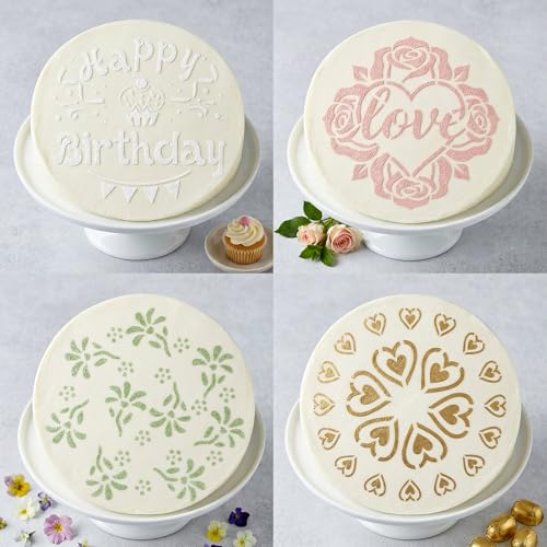 4Pcs Happy Birthday Cake Stencil, Patterns Hearts Floral for Baking