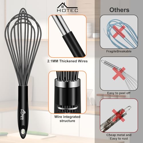 HOTEC 4Pcs Silicone Whisk Set, Wire Balloon Whisks for Cooking Egg Beater - color: Black