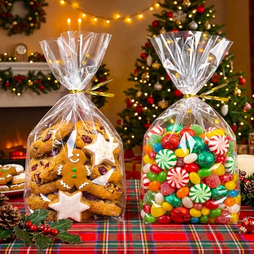 rebucas Cellophane Bags Flat Bottom Cookie Bags Cellophane Treat Bag with Twist Ties for Candy, Cookies, Popcorn, Small Gift Wrapping, 50 Pack 7x10 Inches, Clear - size: 7x10 inch (Pack of 50)