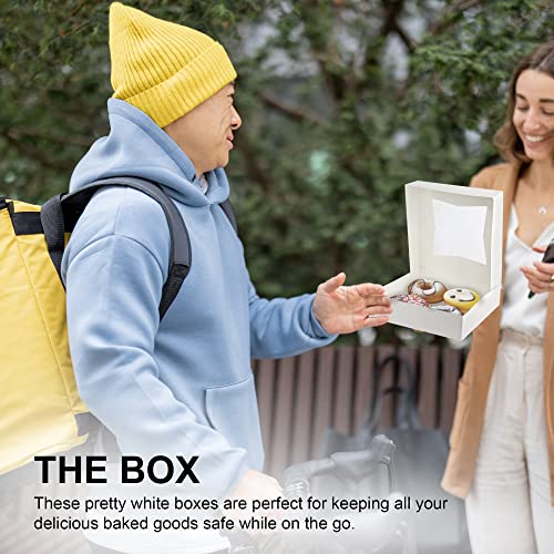 MT Products White Cookie Boxes - Size of 8" X 8" X 2.5" - (25 Pieces) Auto Pop-Up Bakery Boxes with Window - Made in the USA - color: White