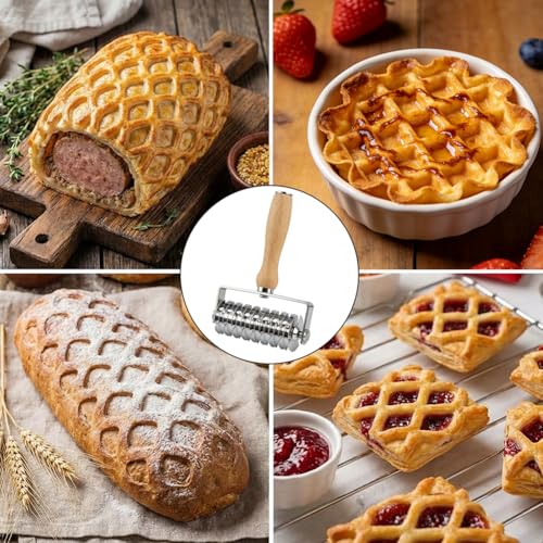 Pastry Lattice Roller Cutter 304 Stainless Steel, Wood Handle for Pie Pizza