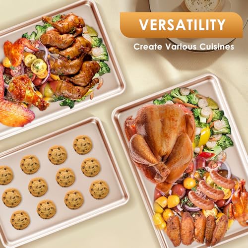 Baking Sheet Pan Set of 3, Nonstick Commercial Cookie Sheets for Baking - color: Rose Gold