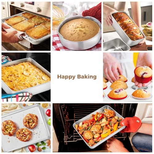 E-far 9-Piece Baking Pan Set, Stainless Steel Bakeware Sets for Sheet Cake Cookie Loaf Muffin, Include Baking Sheet, Round Square Rectangle Baking Pan & Cooling Rack, Dishwasher Safe - size: 9-Piece Set