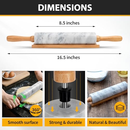 16.7 Inches Marble Rolling Pin for Baking with Wooden Handles & Wooden Cradle - Rolling Pin for making Pizza Dough & Tortillas, Dough Roller for Pasta, Cookie, Pie Crust and More!