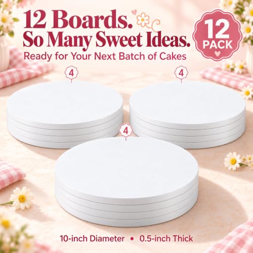 10 Inch Cakeboard 12 Pack, 1/2 Inch Thick Round Cake Boards, Bend Resistant & Sturdy White Cake Cardboard for Presenting Heavy/Tall Tiered Cakes, Base Para Pastel - size: 10 inch