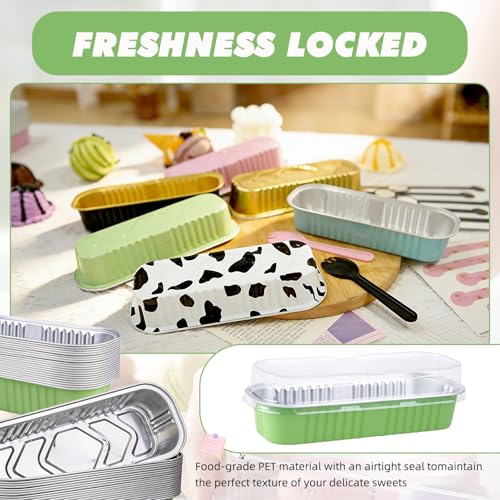 24 Pack Mini Loaf Pans, 7.5oz Mini Cake Pan & Mini Cupcake Pan Set – Disposable Aluminum Baking Pans with Lids, Spoons & Stickers, Premium Sturdy Gift Set for Cakes, Cupcakes, Desserts & Party Treats - color: Green