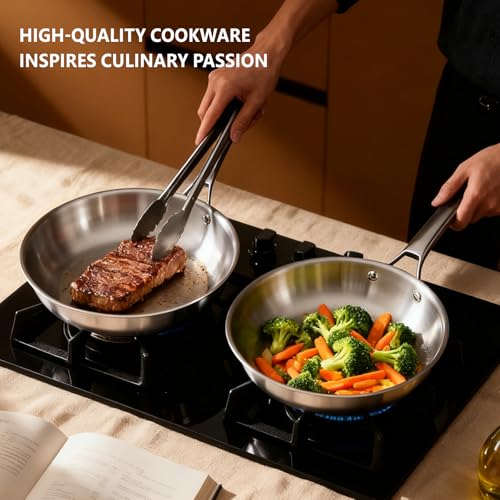 ROVSUN 8-10-12 Inch Stainless Steel Cookware Set, Tri-Ply Skillets Set with Lids, Full Clad Stainless Steel Chef's Pan, PFOA & PTFE Free Skillets, Compatible for All Cooktops, Dishwasher & Oven Safe - size: 5-Pieces Skillet with Lids