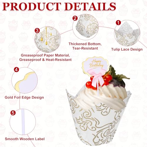 uxcell 100Pcs Tulip Cupcake Liners with 10Pcs Cheese Markers Muffins Liners - color: White Blue/White Gold
