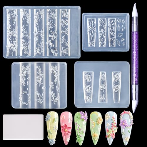 Laza 4pcs 3D Silicone Nail Art Molds Multiple Flower Shapes Nail Molds - color: Flowers