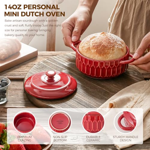 Mini Cocotte Set of 4, 14 oz Ceramic Casserole Dishes with Lids - color: Cherry Red