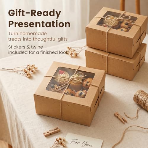 OAMCEG 6x6x3Inch Cupcake Boxes with Window,50 Pcs Cookie Bakery Boxes,Brown - color: brown-stickerA-50pcs