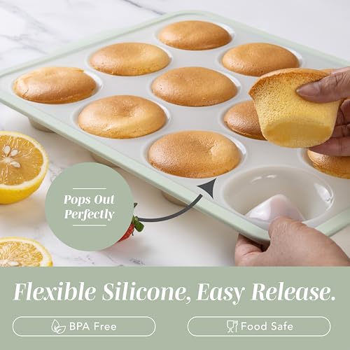 COOK WITH COLOR 17 Pc. Silicone Baking Pan Set - Non-Stick & Easy Clean Silicone Muffin Pans for Baking with Sturdy Metal Frame for Stability, Flexible Cake Molds, Includes Measuring Cups and Spoons - color: Sage