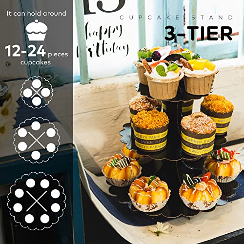 Cupcake Stand Black 3-Tier 2-Pack, Cardboard Dessert Display Tower - color: Black 2 Pack