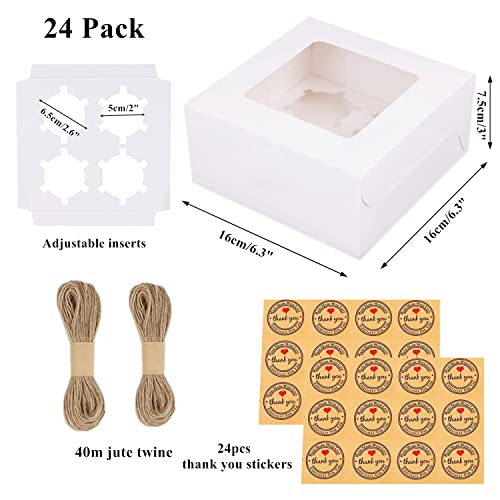 24 PCS White Cupcake Boxes with Window & Inserts, Cupcake Containers 4 Count, Bakery Boxes, Cookie Boxes 6x6x3" Cake Boxes, Pastry Boxes Muffins Treat Gift Boxes for Macaroon Pops Strawberries - color: White