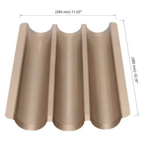 MOUYAT 3 PCS Baguette Bread Pans, 15.2 x 11.2 Inch Gold Carbon Steel 3 Cavity Bread Baking Pans, Nonstick Baguette Bread Loaf Pans for Long Shaped Bread Baking