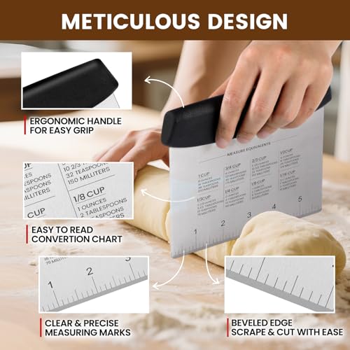 SCHVUBENR Dough Scraper Set with 2 Flexible Bowl Scrapers - Stainless Steel Dough Cutter & Bench Scraper with Measuring Scale - Versatile Kitchen Scraper for Bread, Pastry, Pizza, Cake - Black & Green - color: Black/Green