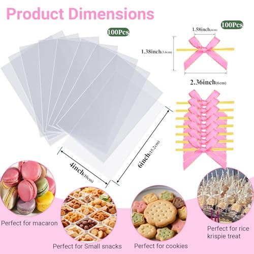 TEMLQPACK 100PCS 4x6 Inches Clear Self-Sealing Cellophane Rice Krispie Treat Bags with Pink Bow Accessories, Resealable for Cookie Candy Jewelry Crafts Small Product Packaging - color: pink-4x6Inch-100pcs