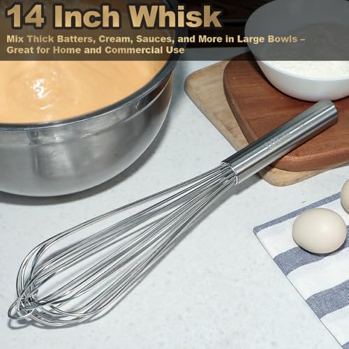 Webake 14 Inch Commercial Whisk, 304 Stainless Steel Large Whisk, Extra-Thick 2.5mm Wires, Professional Kitchen Tool for Mixing, Beating, Blending - size: 14Inch