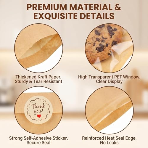 100Pcs Brown Paper Cookie Bags with Stickers & Window 5x7.5 inch - size: 13X19CM