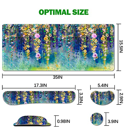 ARTSO Large Gaming Mouse Pad Set, Keyboard Wrist Rest Support + Mouse Wrist Cushion + Extended Mousepad + Coaster, 35x15.5in Multifunctional Desk Mat 4pcs, Oil Painting Flowers - color: Oil Painting Flowers