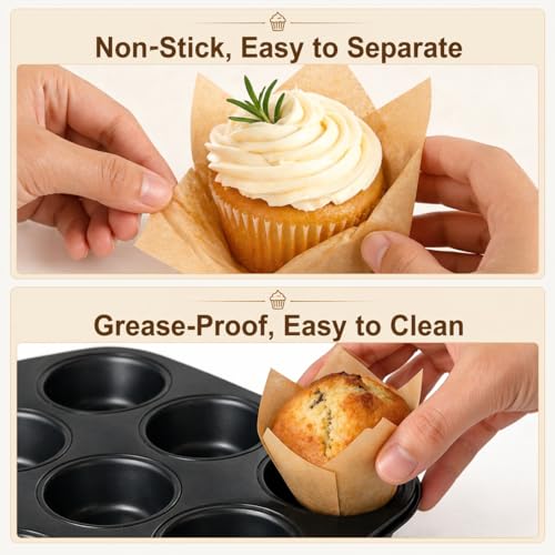 200 Pcs Natural Tulip Cupcake Liners For Baking, Greaseproof Muffin Liners