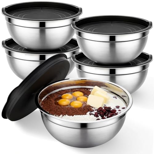 Beasea Mixing Bowls with Lids Set of 5, 4 QT Metal Stainless Steel Nesting Mixing Bowls with Lids, for Baking, Dough Bread Prepping, Salad, Food Serving and Kitchen Storing - size: 4 QT