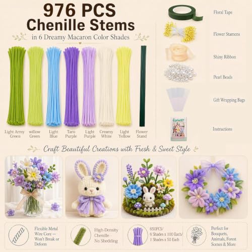 976Pcs Pastel Pipe Cleaners Flower Kit,7 Colors Chenille Stems - color: Spring colour